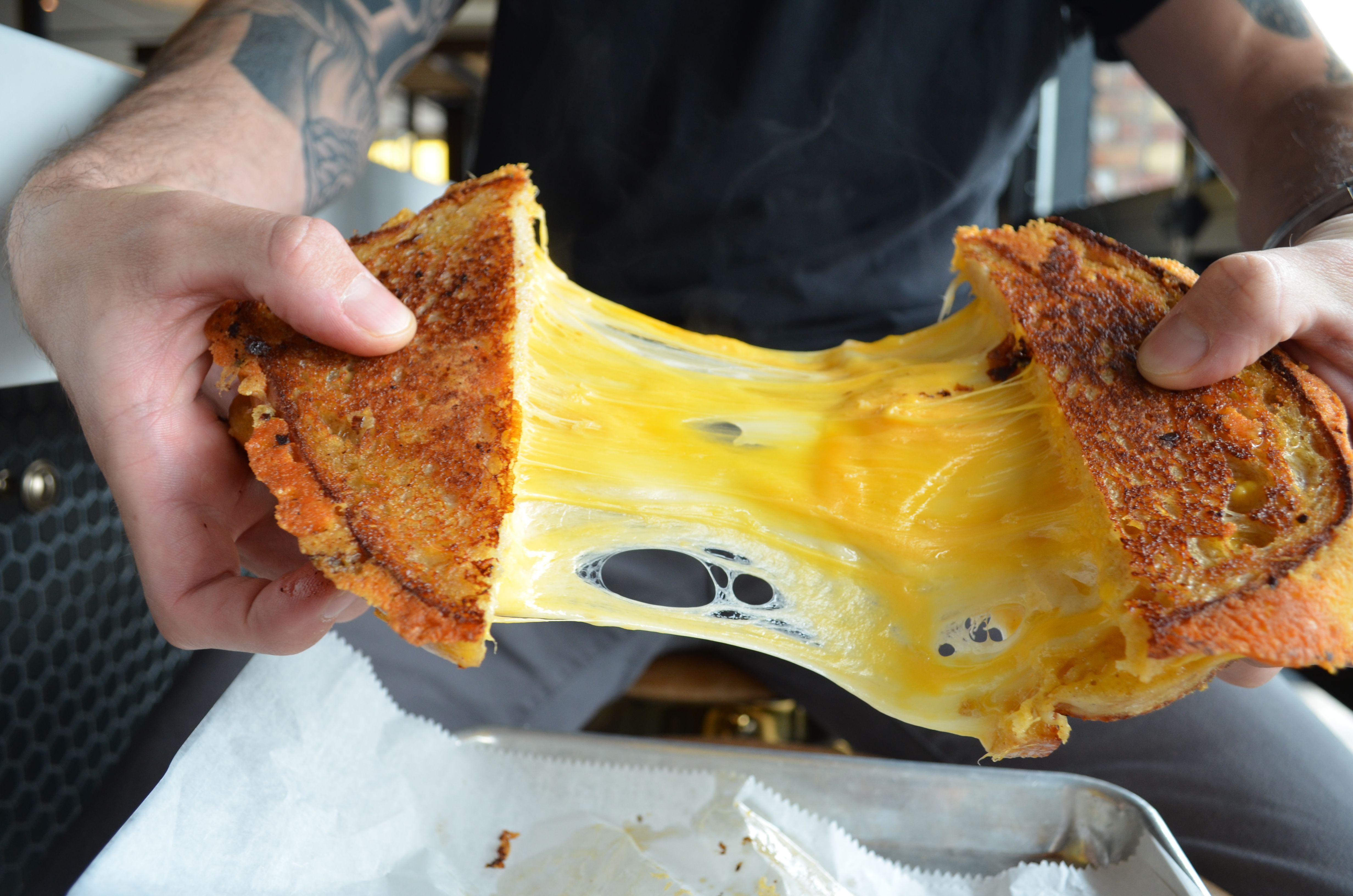 Man holding grilled cheese sandwich